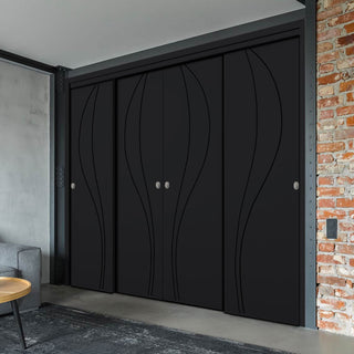 Image: Four Sliding Minimal Wardrobe Doors & Frame Kit - V-Line® Grooved Flush Door V025 - Premium Primed - Six Colour Options