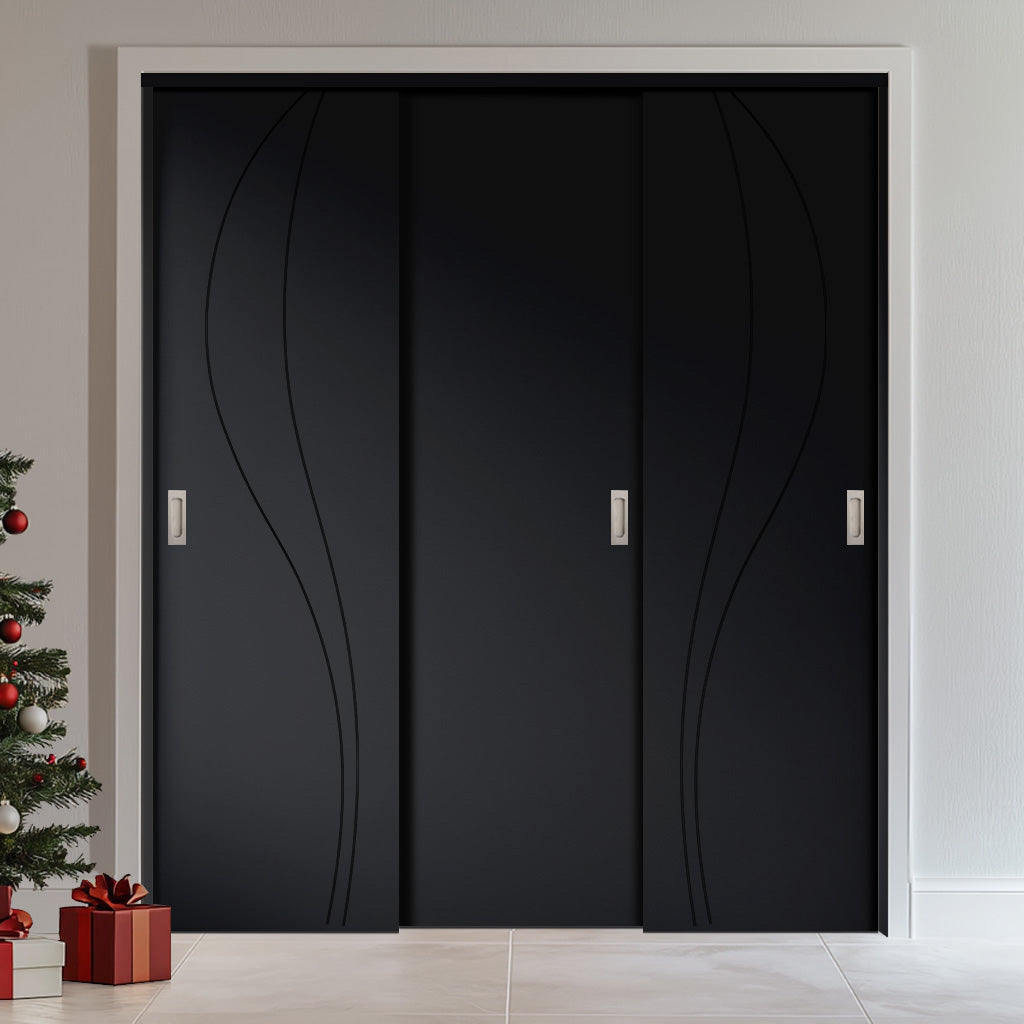 Three Sliding Minimal Wardrobe Doors & Frame Kit - V-Line® Grooved Flush Door V025/BL - Premium Primed - Six Colour Options