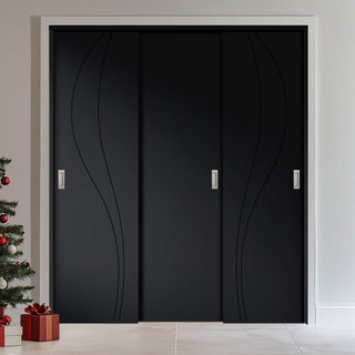 Image: Three Sliding Minimal Wardrobe Doors & Frame Kit - V-Line® Grooved Flush Door V025/BL - Premium Primed - Six Colour Options