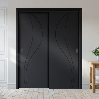 Image: Two Sliding Minimal Wardrobe Doors & Frame Kit - V-Line® Grooved Flush Door V025 - Premium Primed - Six Colour Options