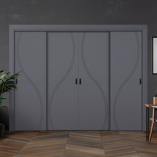 Image: Four Sliding Maximal Wardrobe Doors & Frame Kit - V-Line® Grooved Flush Door V027 - Premium Primed - Six Colour Options