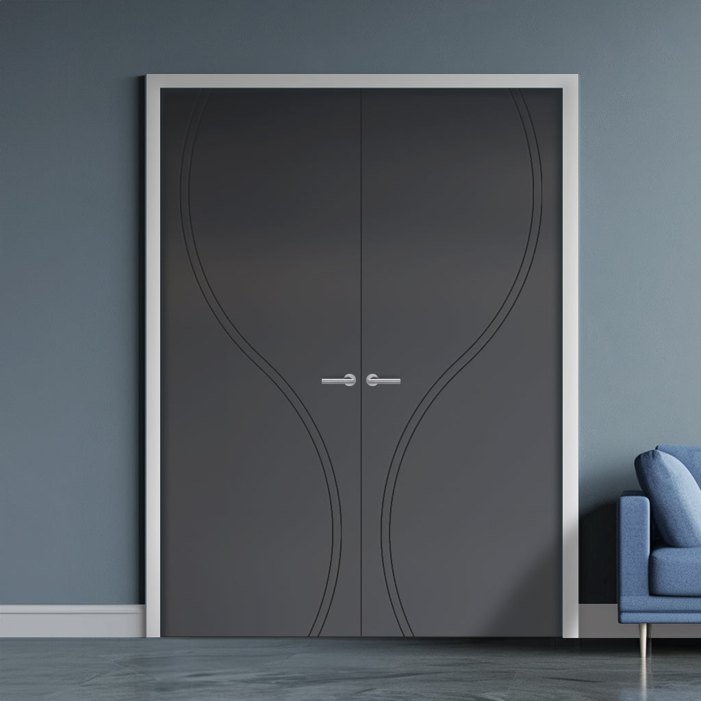 V-Line® Grooved Flush Door Pair V027 - Premium Primed - Six Colour Options