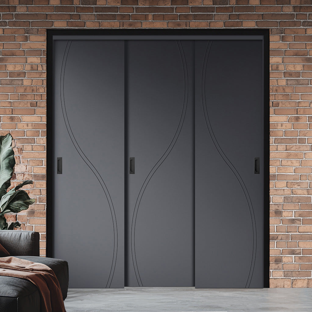 Three Sliding Minimal Wardrobe Doors & Frame Kit - V-Line® Grooved Flush Door V027 - Premium Primed - Six Colour Options