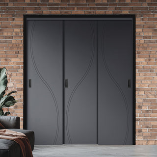 Image: Three Sliding Minimal Wardrobe Doors & Frame Kit - V-Line® Grooved Flush Door V027 - Premium Primed - Six Colour Options