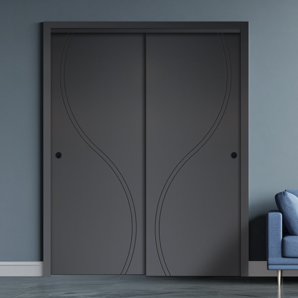 Two Sliding Maximal Wardrobe Doors & Frame Kit - V-Line® Grooved Flush Door V027 - Premium Primed - Six Colour Options