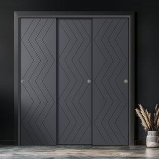 Image: Three Sliding Maximal Wardrobe Doors & Frame Kit - V-Line® Grooved Flush Door V031 - Premium Primed - Six Colour Options