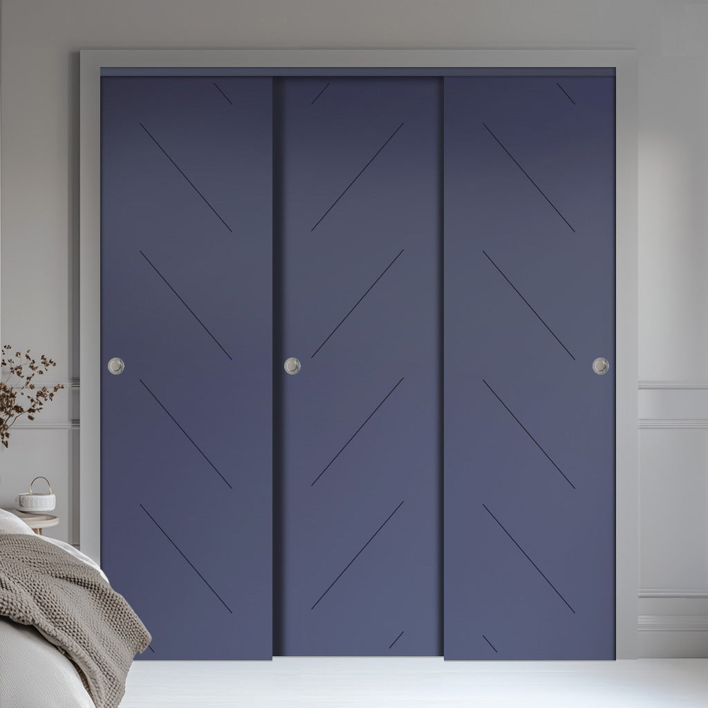 Three Sliding Maximal Wardrobe Doors & Frame Kit - V-Line® Grooved Flush Door V070 - Premium Primed - Six Colour Options