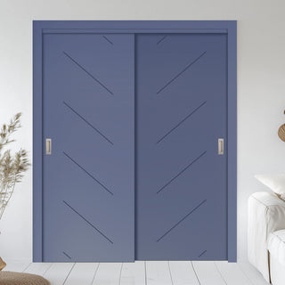 Image: Two Sliding Maximal Wardrobe Doors & Frame Kit - V-Line® Grooved Flush Door V070 - Premium Primed - Six Colour Options