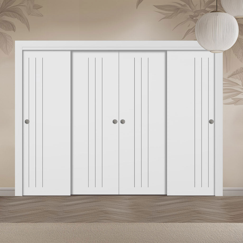 Four Sliding Maximal Wardrobe Doors & Frame Kit - V-Line® Grooved Flush Door V073/V073A - Premium Primed - Six Colour Options