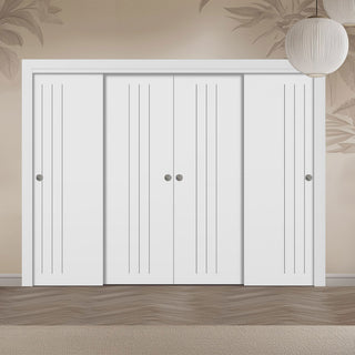 Image: Four Sliding Maximal Wardrobe Doors & Frame Kit - V-Line® Grooved Flush Door V073/V073A - Premium Primed - Six Colour Options