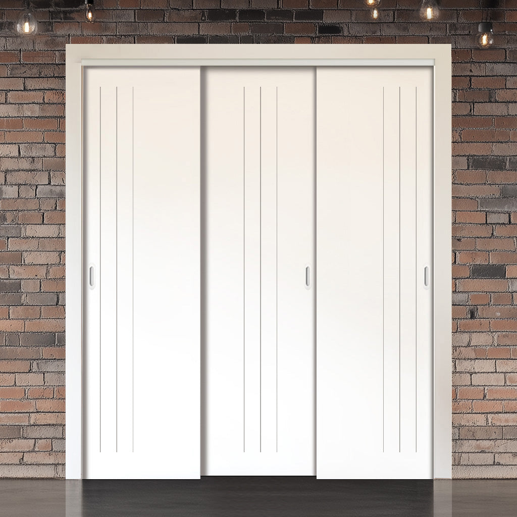 Three Sliding Minimal Wardrobe Doors & Frame Kit - V-Line® Grooved Flush Door V073/V073A - Premium Primed - Six Colour Options