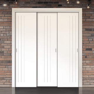 Image: Three Sliding Minimal Wardrobe Doors & Frame Kit - V-Line® Grooved Flush Door V073/V073A - Premium Primed - Six Colour Options