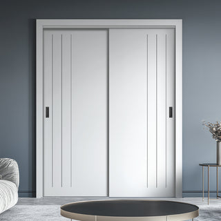 Image: Two Sliding Maximal Wardrobe Doors & Frame Kit - V-Line® Grooved Flush Door V073 - Premium Primed - Six Colour Options