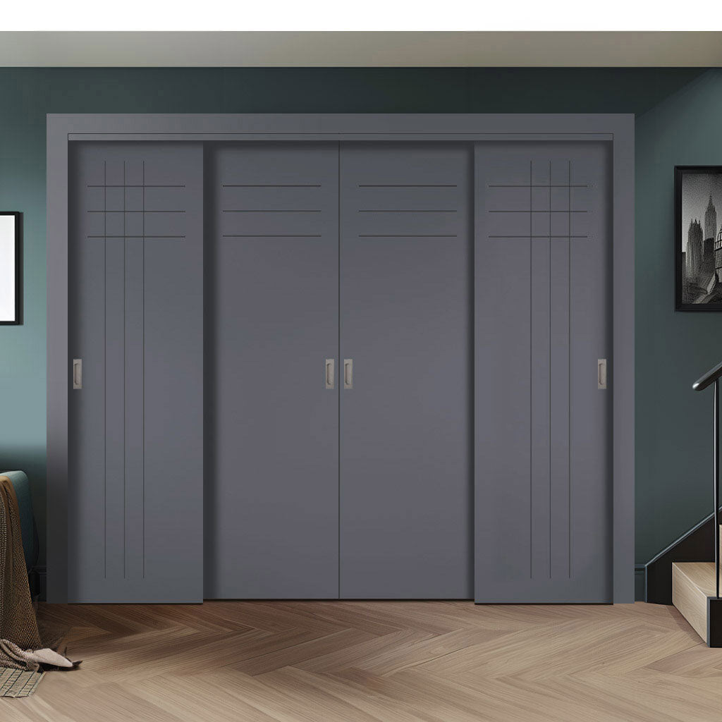 Four Sliding Minimal Wardrobe Doors & Frame Kit - V-Line® Grooved Flush Door V074/V074A - Premium Primed - Six Colour Options