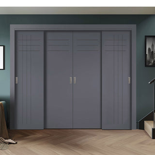 Image: Four Sliding Minimal Wardrobe Doors & Frame Kit - V-Line® Grooved Flush Door V074/V074A - Premium Primed - Six Colour Options