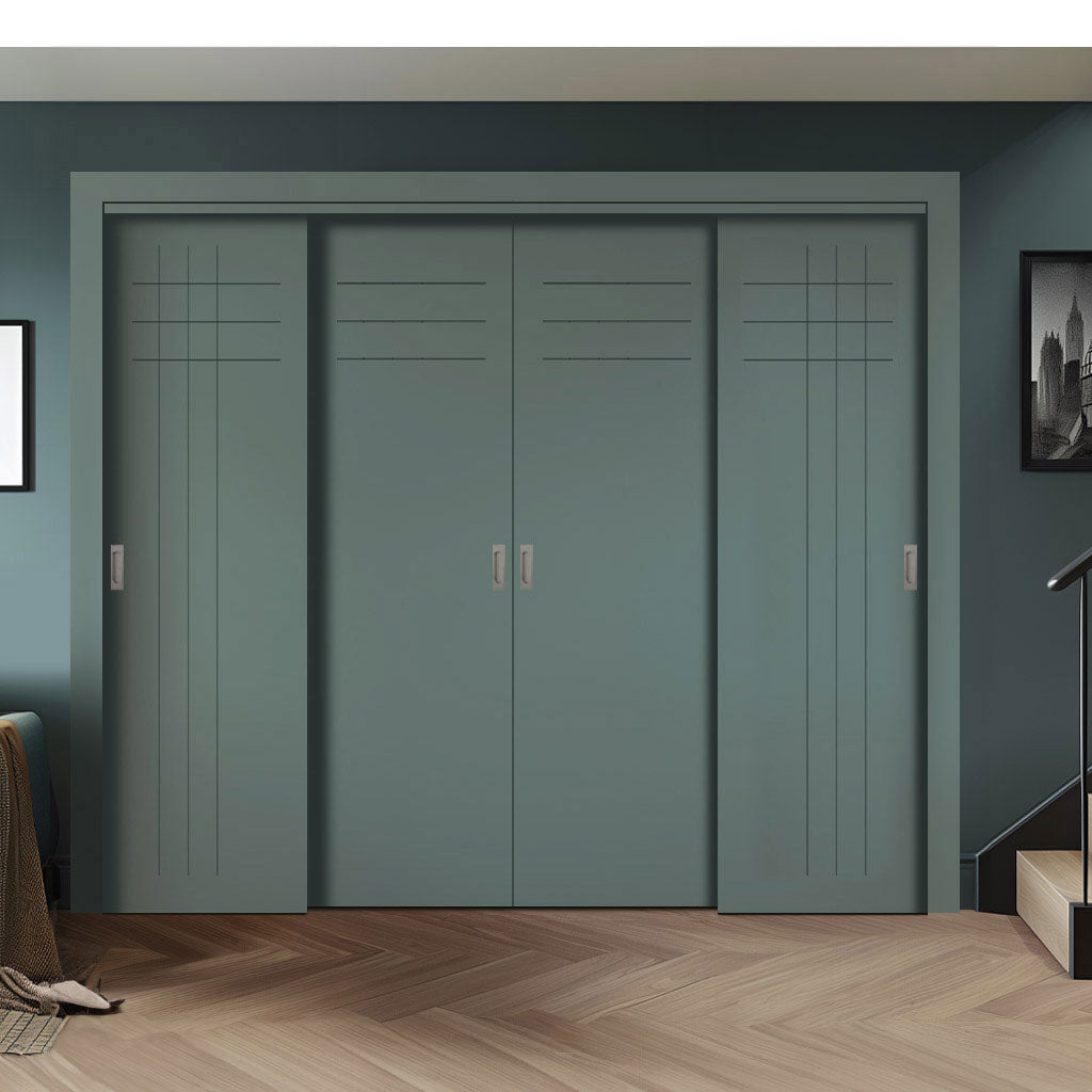 Four Sliding Maximal Wardrobe Doors & Frame Kit - V-Line® Grooved Flush Door V074/V074A - Premium Primed - Six Colour Options