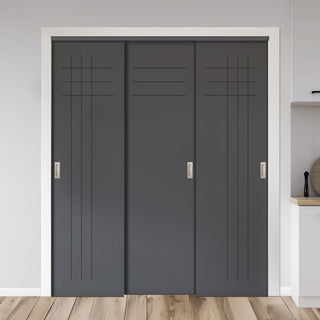 Image: Three Sliding Minimal Wardrobe Doors & Frame Kit - V-Line® Grooved Flush Door V074/V074A - Premium Primed - Six Colour Options