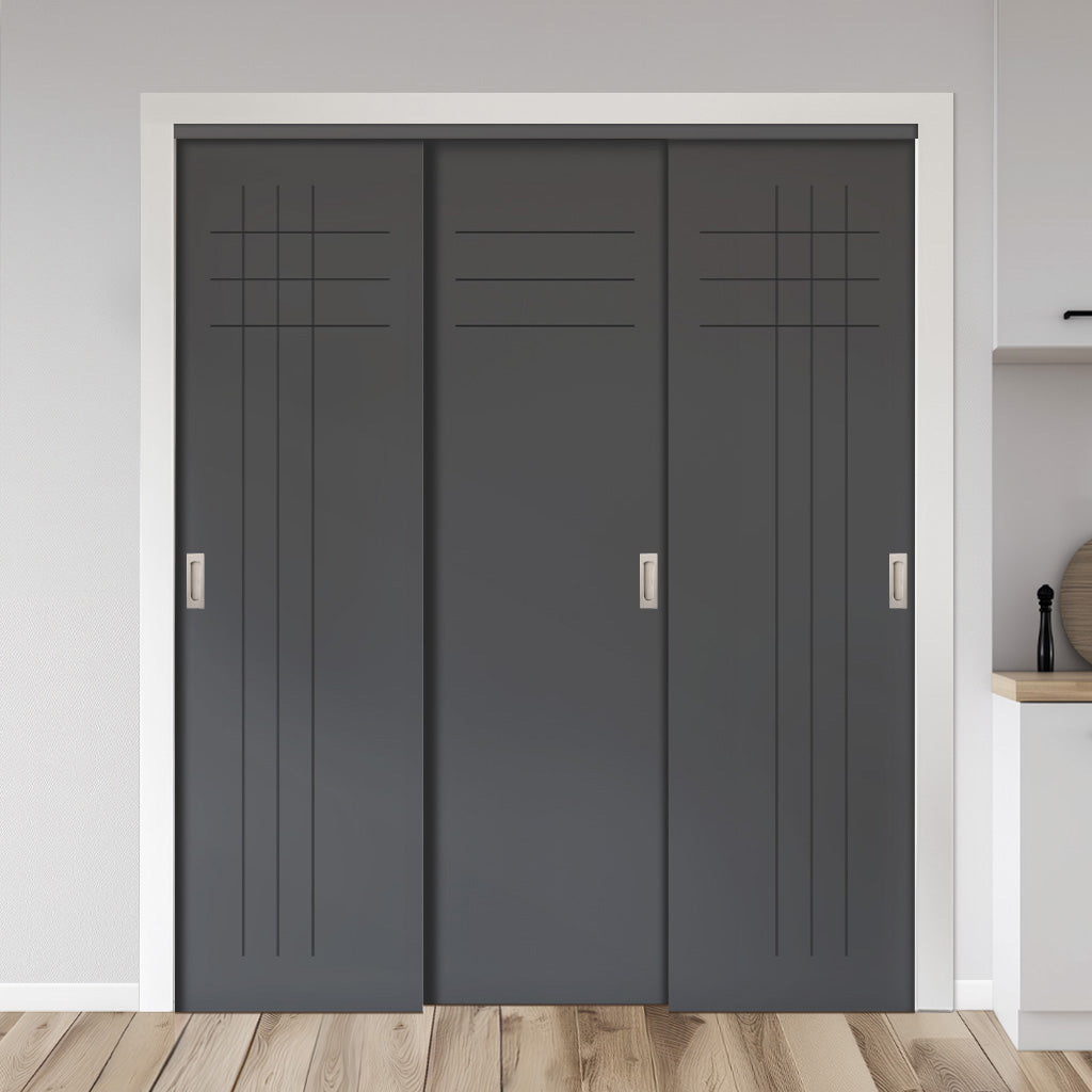 Three Sliding Maximal Wardrobe Doors & Frame Kit - V-Line® Grooved Flush Door V074/V074A - Premium Primed - Six Colour Options