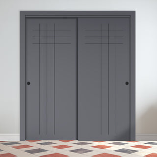 Image: Two Sliding Maximal Wardrobe Doors & Frame Kit - V-Line® Grooved Flush Door V074 - Premium Primed - Six Colour Options