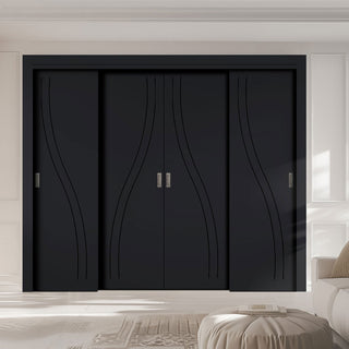 Image: Four Sliding Maximal Wardrobe Doors & Frame Kit - V-Line® Grooved Flush Door V075 - Premium Primed - Six Colour Options