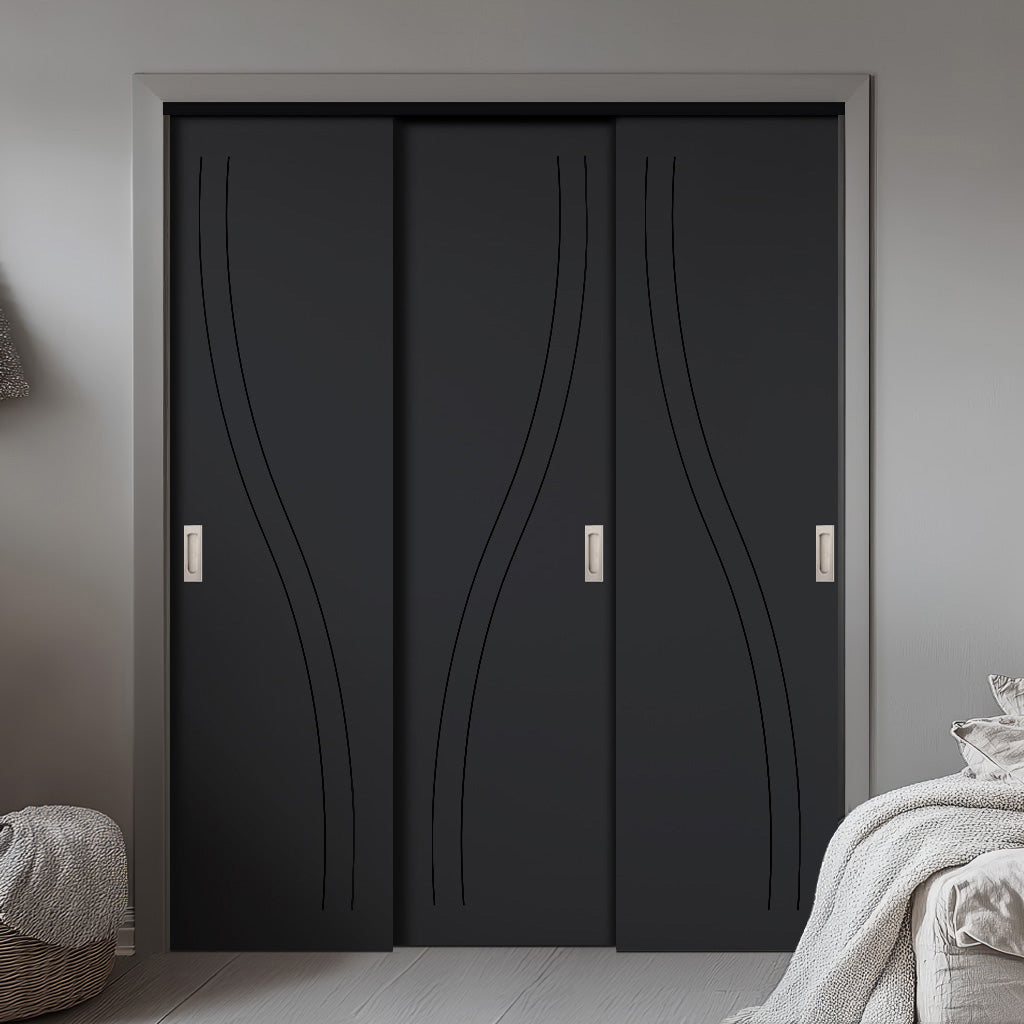 Three Sliding Maximal Wardrobe Doors & Frame Kit - V-Line® Grooved Flush Door V075 - Premium Primed - Six Colour Options