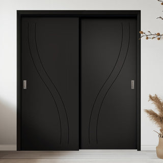 Image: Two Sliding Maximal Wardrobe Doors & Frame Kit - V-Line® Grooved Flush Door V075 - Premium Primed - Six Colour Options