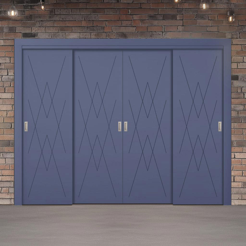 Four Sliding Minimal Wardrobe Doors & Frame Kit - V-Line® Grooved Flush Door V077 - Premium Primed - Six Colour Options