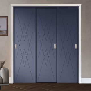 Image: Three Sliding Maximal Wardrobe Doors & Frame Kit - V-Line® Grooved Flush Door V077 - Premium Primed - Six Colour Options