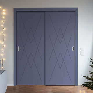 Image: Two Sliding Maximal Wardrobe Doors & Frame Kit - V-Line® Grooved Flush Door V077 - Premium Primed - Six Colour Options