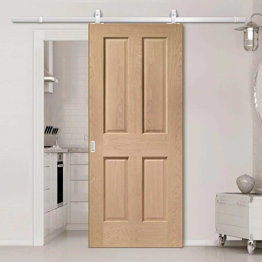 Top Mounted Stainless Steel Sliding Track & Door - Victorian Oak 4 Panel Door - No Raised Mouldings - Prefinished