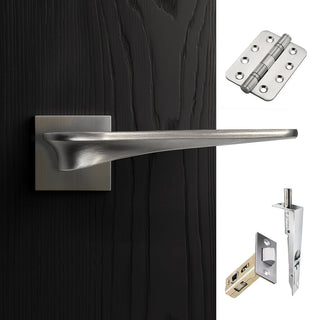 Image: Zenith Double Door Lever Handle Pack - 6 Radius Cornered Hinges - Satin Finish - Combo Handle and Accessory Pack