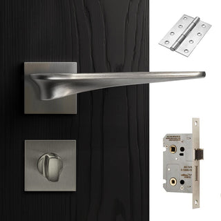 Image: Zenith Door Lever Bathroom Handle Pack - 4 Square Hinges - Satin Finish