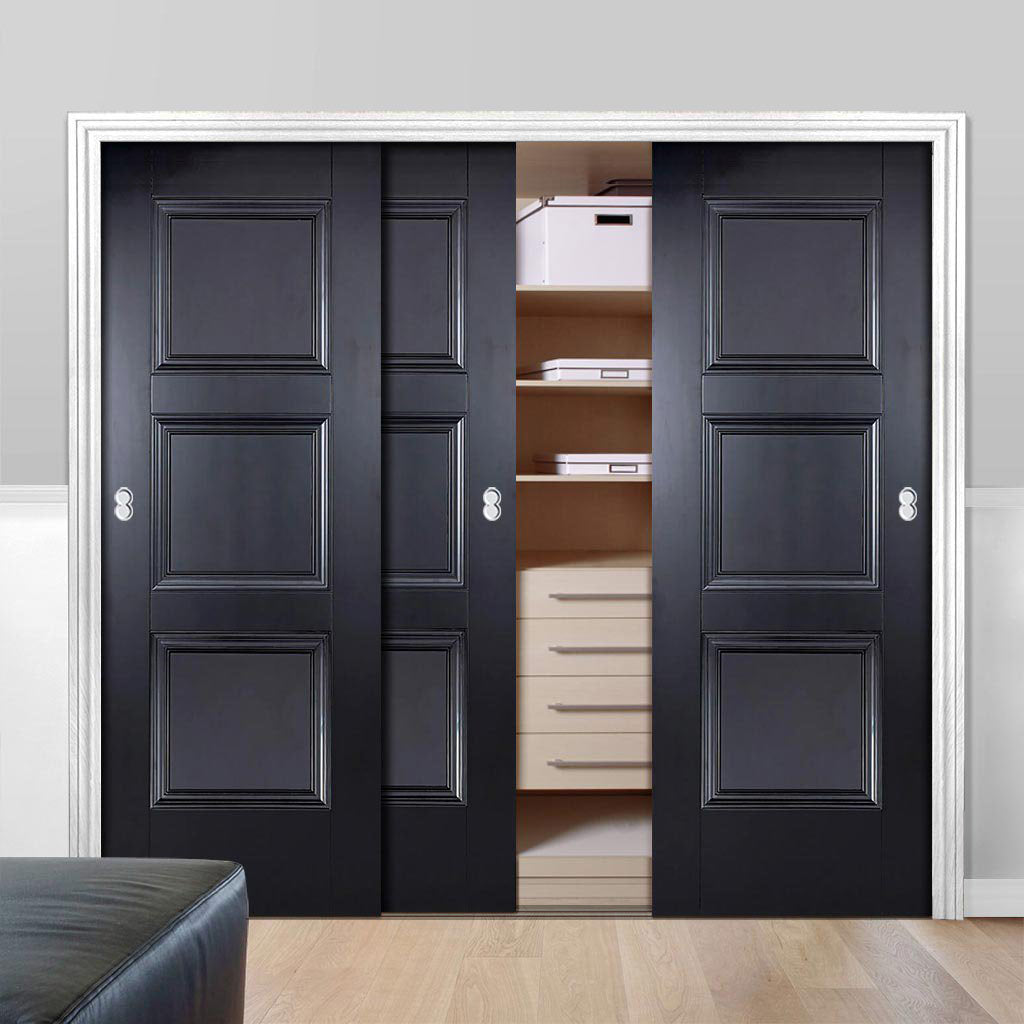 Minimalist Wardrobe Door & Frame Kit - Three Amsterdam 3 Panel Black Primed Doors - Unfinished
