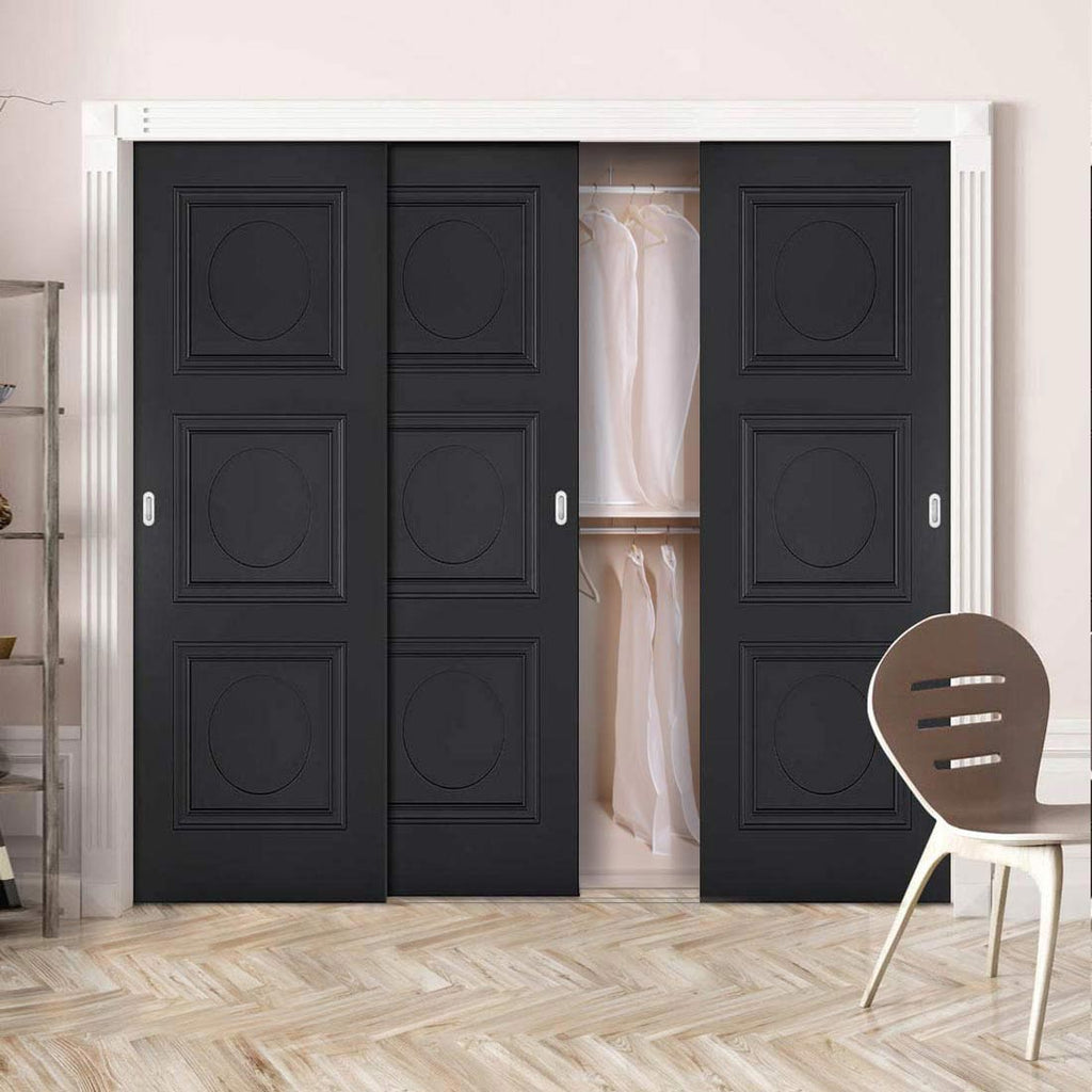 Minimalist Wardrobe Door & Frame Kit - Three Antwerp 3 Panel Black Primed Door