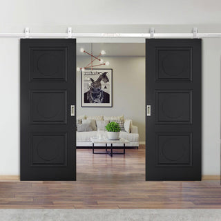 Image: Top Mounted Stainless Steel Sliding Track & Double Door - Antwerp 3 Panel Black Primed Doors