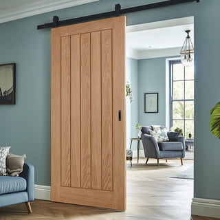 Image: Top Mounted Black Sliding Track & Door - Belize Oak Door - Unfinished