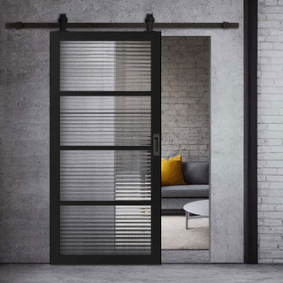 Image: Top Mounted Black Sliding Track & Solid Wood Door - Handcrafted Eco-Urban Brooklyn 4 Pane Solid Wood Door DD6308 - Clear Reeded Glass - Shadow Black Premium Primed