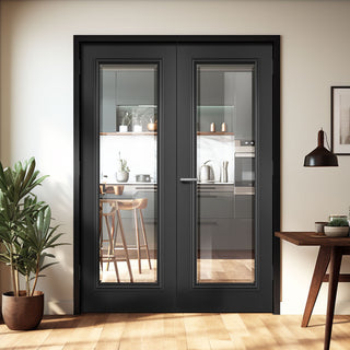 Image: Blenheim Black Internal Door Pair - Prefinished - Clear Bevelled Glass