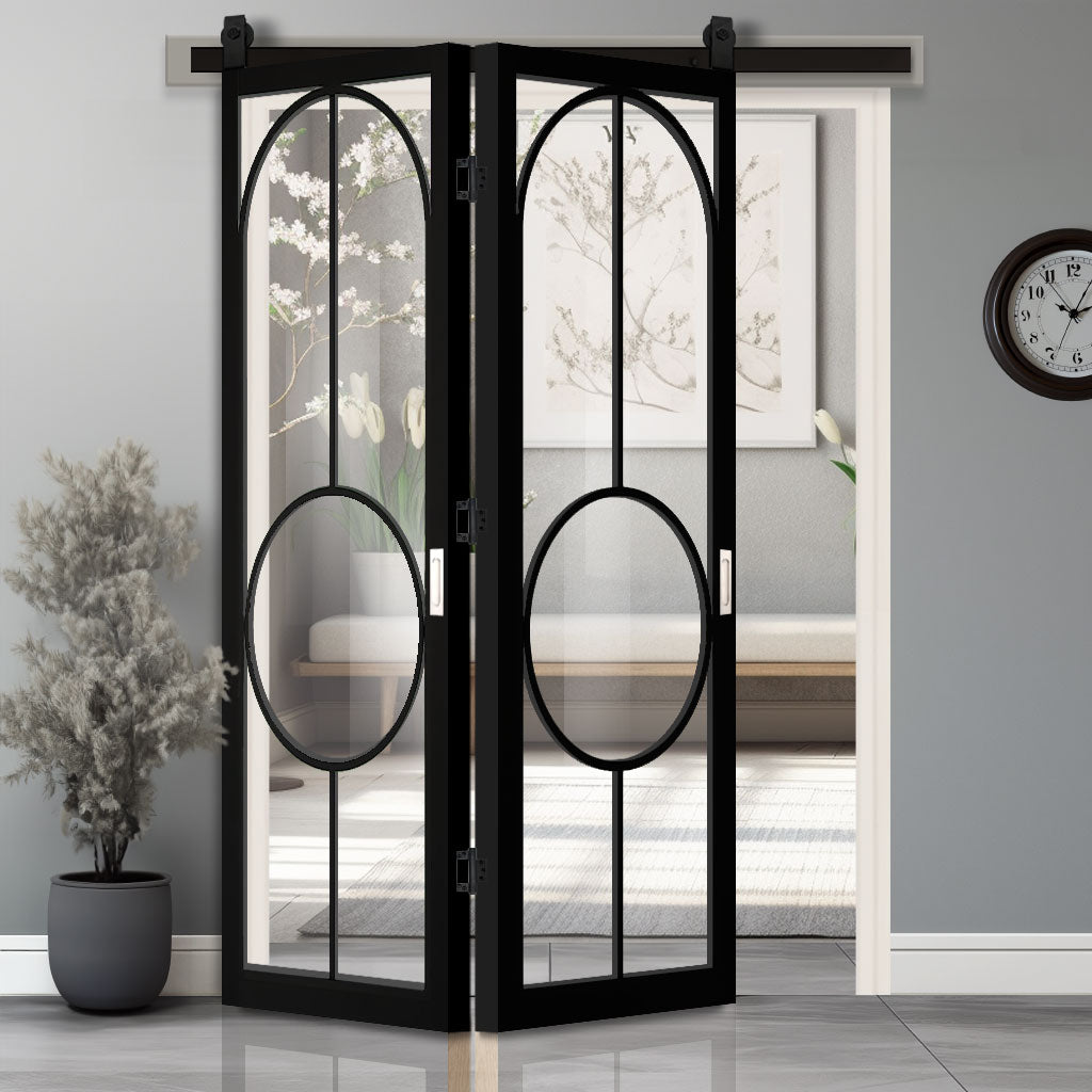 SpaceEasi Top Mounted Black Folding Track & Double Door - Bowery Black Internal Door - Clear Glass - Prefinished