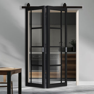 Image: SpaceEasi Top Mounted Black Folding Track & Double Door - Brixton Black Door - Prefinished - Clear Glass - Urban Collection