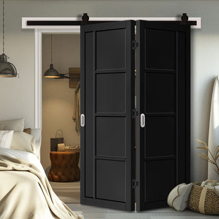 Image: SpaceEasi Top Mounted Black Folding Track & Double Door - Brixton Black Door - Prefinished - Urban Collection