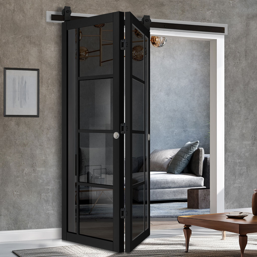 SpaceEasi Top Mounted Black Folding Track & Double Door - Brixton Black Door - Prefinished - Tinted Glass - Urban Collection