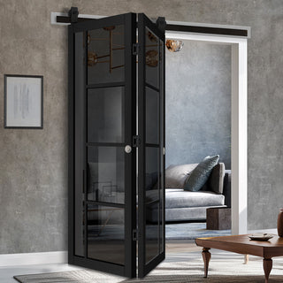 Image: SpaceEasi Top Mounted Black Folding Track & Double Door - Brixton Black Door - Prefinished - Tinted Glass - Urban Collection