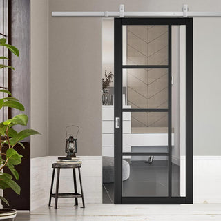 Image: Top Mounted Stainless Steel Sliding Track & Brixton Black Door - Prefinished - Clear Glass - Urban Collection