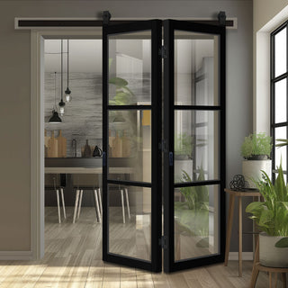 Image: SpaceEasi Top Mounted Black Folding Track & Double Door - Camden Black Door - Prefinished - Clear Glass - Urban Collection