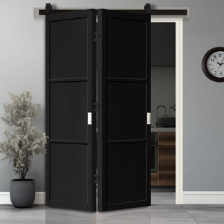 Image: SpaceEasi Top Mounted Black Folding Track & Double Door - Camden Black Door - Prefinished - Urban Collection