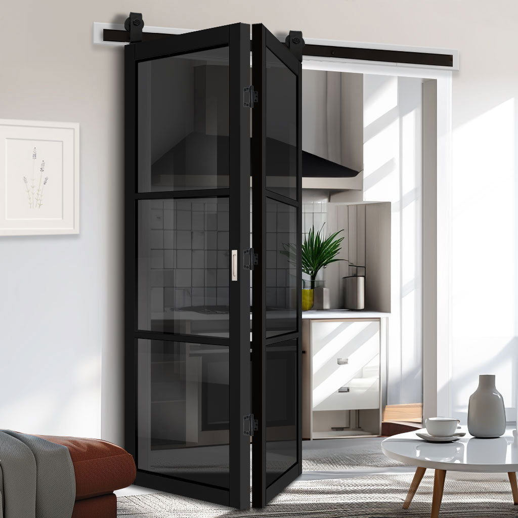 SpaceEasi Top Mounted Black Folding Track & Double Door - Camden Black Door - Prefinished - Tinted Glass - Urban Collection