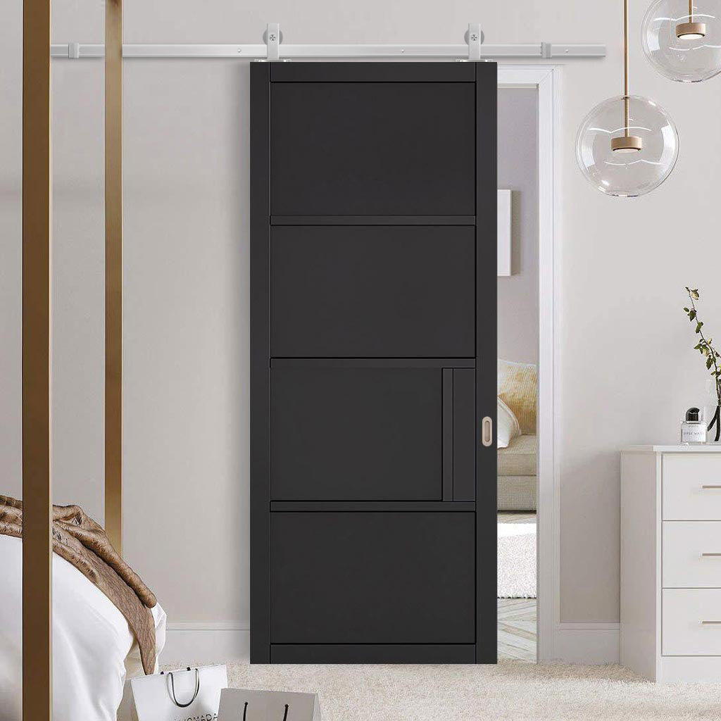 Top Mounted Stainless Steel Sliding Track & Door - Chelsea 4 Panel Black Painted Door - Prefinished