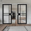 Top Mounted Stainless Steel Sliding Track & Double Door - Industrial City Black Internal Door - Clear Glass - Prefinished