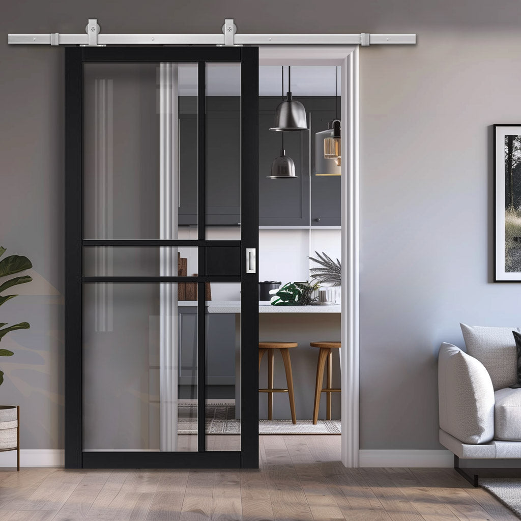 Top Mounted Stainless Steel Sliding Track & Door - Industrial City Black Internal Door - Clear Glass - Prefinished